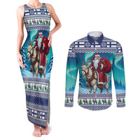 Finland Joulupukki Christmas Couples Matching Tank Maxi Dress and Long Sleeve Button Shirt Riding the Yule Goat - Wonder Print Shop