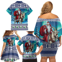 Finland Joulupukki Christmas Family Matching Off Shoulder Short Dress and Hawaiian Shirt Riding the Yule Goat - Wonder Print Shop