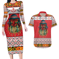 Personalized Romania Christmas Couples Matching Long Sleeve Bodycon Dress and Hawaiian Shirt Romanian Folk Mask - Wonder Print Shop