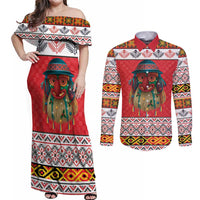 Personalized Romania Christmas Couples Matching Off Shoulder Maxi Dress and Long Sleeve Button Shirt Romanian Folk Mask - Wonder Print Shop