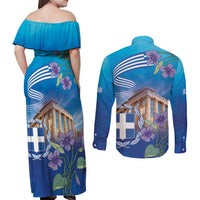 Greece Athens Couples Matching Off Shoulder Maxi Dress and Long Sleeve Button Shirt Viola Odorata with Emblem Design - Wonder Print Shop