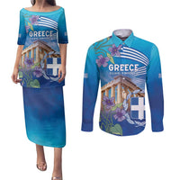 Greece Athens Couples Matching Puletasi and Long Sleeve Button Shirt Viola Odorata with Emblem Design - Wonder Print Shop