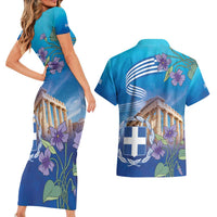 Greece Athens Couples Matching Short Sleeve Bodycon Dress and Hawaiian Shirt Viola Odorata with Emblem Design - Wonder Print Shop