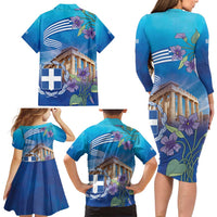 Greece Athens Family Matching Long Sleeve Bodycon Dress and Hawaiian Shirt Viola Odorata with Emblem Design - Wonder Print Shop
