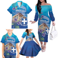 Greece Athens Family Matching Off The Shoulder Long Sleeve Dress and Hawaiian Shirt Viola Odorata with Emblem Design - Wonder Print Shop