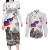 Haiti Citadelle Laferriere Couples Matching Long Sleeve Bodycon Dress and Long Sleeve Button Shirt Hispaniolan Trogon and Plumeria - Wonder Print Shop