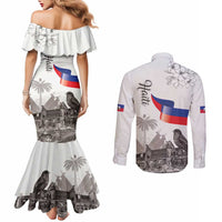Haiti Citadelle Laferriere Couples Matching Mermaid Dress and Long Sleeve Button Shirt Hispaniolan Trogon and Plumeria - Wonder Print Shop