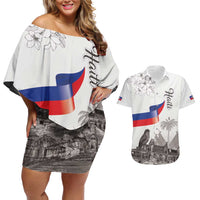 Haiti Citadelle Laferriere Couples Matching Off Shoulder Short Dress and Hawaiian Shirt Hispaniolan Trogon and Plumeria - Wonder Print Shop