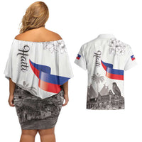 Haiti Citadelle Laferriere Couples Matching Off Shoulder Short Dress and Hawaiian Shirt Hispaniolan Trogon and Plumeria - Wonder Print Shop
