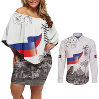 Haiti Citadelle Laferriere Couples Matching Off Shoulder Short Dress and Long Sleeve Button Shirt Hispaniolan Trogon and Plumeria - Wonder Print Shop