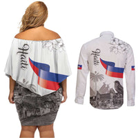 Haiti Citadelle Laferriere Couples Matching Off Shoulder Short Dress and Long Sleeve Button Shirt Hispaniolan Trogon and Plumeria - Wonder Print Shop
