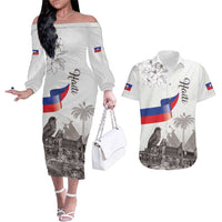 Haiti Citadelle Laferriere Couples Matching Off The Shoulder Long Sleeve Dress and Hawaiian Shirt Hispaniolan Trogon and Plumeria - Wonder Print Shop
