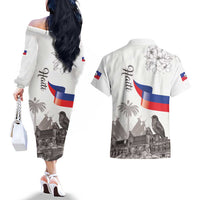 Haiti Citadelle Laferriere Couples Matching Off The Shoulder Long Sleeve Dress and Hawaiian Shirt Hispaniolan Trogon and Plumeria - Wonder Print Shop