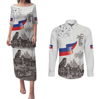 Haiti Citadelle Laferriere Couples Matching Puletasi and Long Sleeve Button Shirt Hispaniolan Trogon and Plumeria - Wonder Print Shop