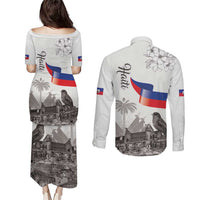 Haiti Citadelle Laferriere Couples Matching Puletasi and Long Sleeve Button Shirt Hispaniolan Trogon and Plumeria - Wonder Print Shop