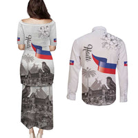 Haiti Citadelle Laferriere Couples Matching Puletasi and Long Sleeve Button Shirt Hispaniolan Trogon and Plumeria - Wonder Print Shop