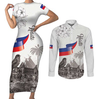 Haiti Citadelle Laferriere Couples Matching Short Sleeve Bodycon Dress and Long Sleeve Button Shirt Hispaniolan Trogon and Plumeria - Wonder Print Shop
