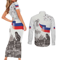 Haiti Citadelle Laferriere Couples Matching Short Sleeve Bodycon Dress and Long Sleeve Button Shirt Hispaniolan Trogon and Plumeria - Wonder Print Shop