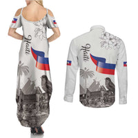 Haiti Citadelle Laferriere Couples Matching Summer Maxi Dress and Long Sleeve Button Shirt Hispaniolan Trogon and Plumeria - Wonder Print Shop