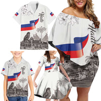 Haiti Citadelle Laferriere Family Matching Off Shoulder Short Dress and Hawaiian Shirt Hispaniolan Trogon and Plumeria - Wonder Print Shop