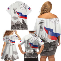 Haiti Citadelle Laferriere Family Matching Off Shoulder Short Dress and Hawaiian Shirt Hispaniolan Trogon and Plumeria - Wonder Print Shop