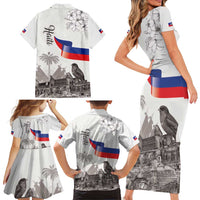 Haiti Citadelle Laferriere Family Matching Short Sleeve Bodycon Dress and Hawaiian Shirt Hispaniolan Trogon and Plumeria - Wonder Print Shop