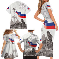 Haiti Citadelle Laferriere Family Matching Short Sleeve Bodycon Dress and Hawaiian Shirt Hispaniolan Trogon and Plumeria - Wonder Print Shop