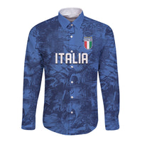 Custom Italy Football Long Sleeve Button Shirt Gli Azzurri Renaissance Art Blue Version