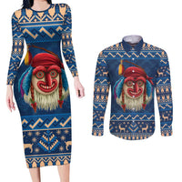 Personalized Romania Christmas Couples Matching Long Sleeve Bodycon Dress and Long Sleeve Button Shirt Romanian Traditional Masks - Wonder Print Shop