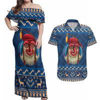 Personalized Romania Christmas Couples Matching Off Shoulder Maxi Dress and Hawaiian Shirt Romanian Traditional Masks - Wonder Print Shop