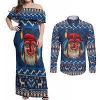 Personalized Romania Christmas Couples Matching Off Shoulder Maxi Dress and Long Sleeve Button Shirt Romanian Traditional Masks - Wonder Print Shop