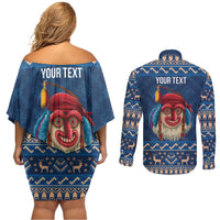 Personalized Romania Christmas Couples Matching Off Shoulder Short Dress and Long Sleeve Button Shirt Romanian Traditional Masks - Wonder Print Shop