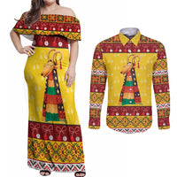 Personalized Moldova Christmas Couples Matching Off Shoulder Maxi Dress and Long Sleeve Button Shirt Capra Goat Folk Costume - Wonder Print Shop