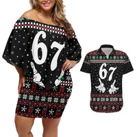 Six Seven Skeleton Hand Christmas Couples Matching Off Shoulder Short Dress and Hawaiian Shirt Meme Gen Alpha Slang - Wonder Print Shop