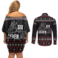 Six Seven Skeleton Hand Christmas Couples Matching Off Shoulder Short Dress and Long Sleeve Button Shirt Meme Gen Alpha Slang - Wonder Print Shop