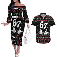 Six Seven Skeleton Hand Christmas Couples Matching Off The Shoulder Long Sleeve Dress and Hawaiian Shirt Meme Gen Alpha Slang - Wonder Print Shop