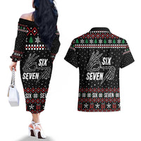 Six Seven Skeleton Hand Christmas Couples Matching Off The Shoulder Long Sleeve Dress and Hawaiian Shirt Meme Gen Alpha Slang - Wonder Print Shop