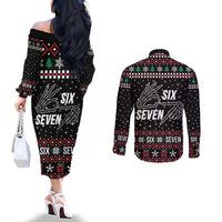 Six Seven Skeleton Hand Christmas Couples Matching Off The Shoulder Long Sleeve Dress and Long Sleeve Button Shirt Meme Gen Alpha Slang - Wonder Print Shop