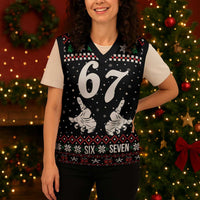 Six Seven Skeleton Hand Christmas Knitted V-Neck Vest Meme Gen Alpha Slang - Wonder Print Shop