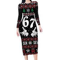 Six Seven Skeleton Hand Christmas Long Sleeve Bodycon Dress Meme Gen Alpha Slang - Wonder Print Shop