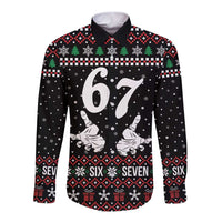 Six Seven Skeleton Hand Christmas Long Sleeve Button Shirt Meme Gen Alpha Slang - Wonder Print Shop