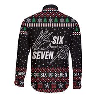 Six Seven Skeleton Hand Christmas Long Sleeve Button Shirt Meme Gen Alpha Slang - Wonder Print Shop