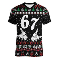 Six Seven Skeleton Hand Christmas Women V-Neck T-Shirt Meme Gen Alpha Slang - Wonder Print Shop