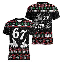 Six Seven Skeleton Hand Christmas Women V-Neck T-Shirt Meme Gen Alpha Slang - Wonder Print Shop