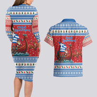 Greece Viking Santa Christmas Couples Matching Long Sleeve Bodycon Dress and Hawaiian Shirt Funny Reindeer Norse Xmas - Wonder Print Shop