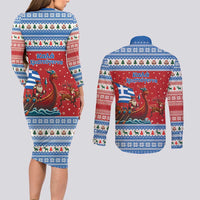 Greece Viking Santa Christmas Couples Matching Long Sleeve Bodycon Dress and Long Sleeve Button Shirt Funny Reindeer Norse Xmas - Wonder Print Shop
