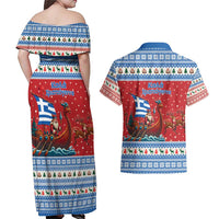 Greece Viking Santa Christmas Couples Matching Off Shoulder Maxi Dress and Hawaiian Shirt Funny Reindeer Norse Xmas - Wonder Print Shop