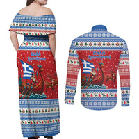 Greece Viking Santa Christmas Couples Matching Off Shoulder Maxi Dress and Long Sleeve Button Shirt Funny Reindeer Norse Xmas - Wonder Print Shop