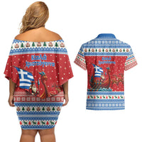 Greece Viking Santa Christmas Couples Matching Off Shoulder Short Dress and Hawaiian Shirt Funny Reindeer Norse Xmas - Wonder Print Shop