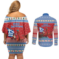 Greece Viking Santa Christmas Couples Matching Off Shoulder Short Dress and Long Sleeve Button Shirt Funny Reindeer Norse Xmas - Wonder Print Shop